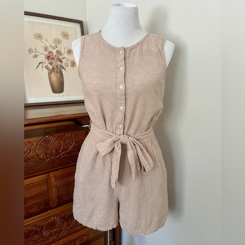 LOFT Linen Tan Jumpsuit with Waist Tie